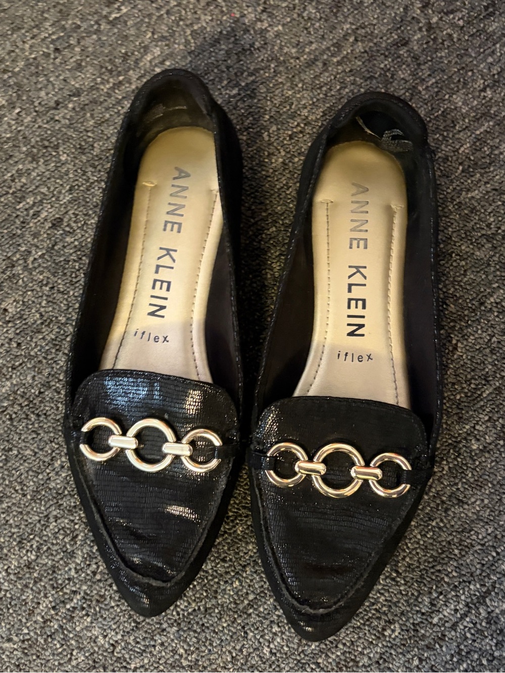 Anne Klein Black Pointed Loafers with Gold Chain Accent